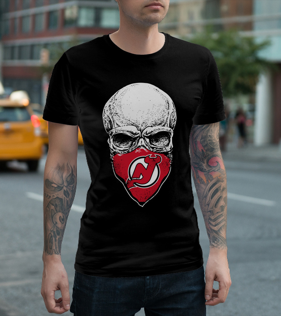 Skull With New Jersey Devils Logo As Face Mask T-Shirt