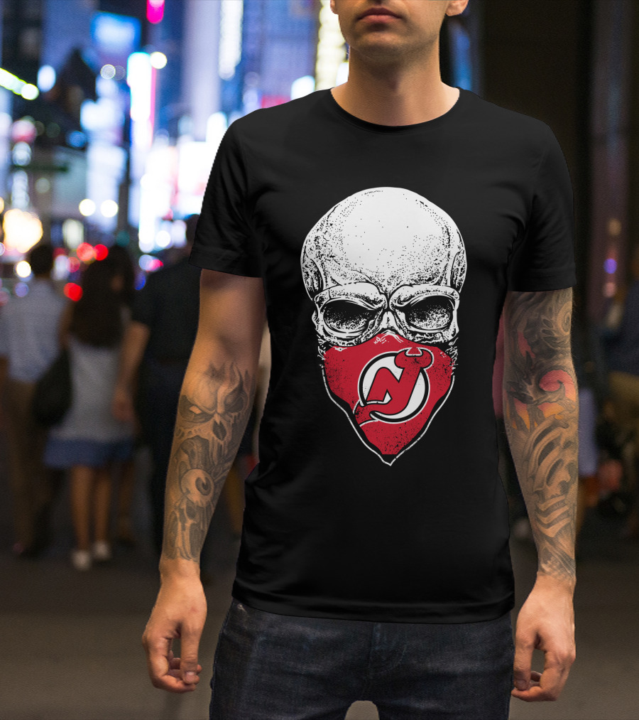 Skull With New Jersey Devils Logo As Face Mask T-Shirt