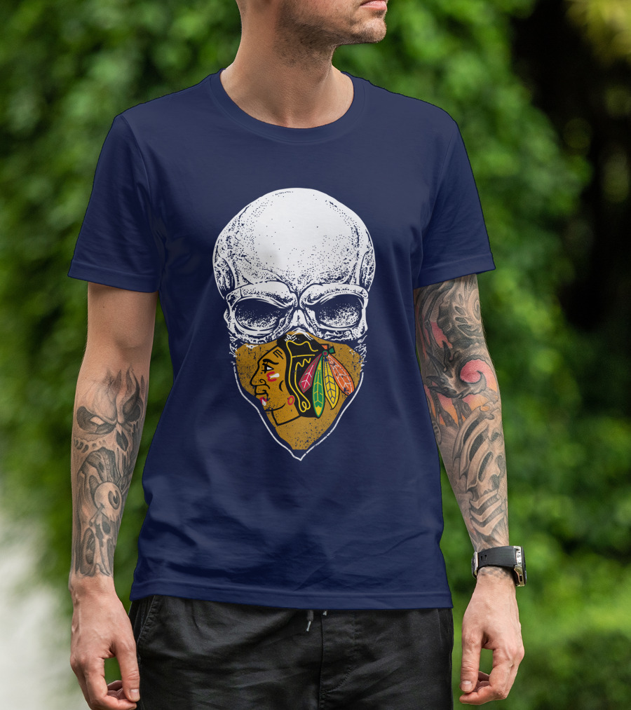 Skull With Native American Mask Blackhawks Logo Inspired T-Shirt