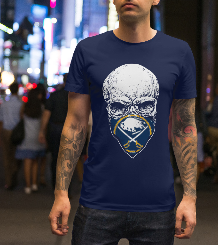 Buffalo Sabres Skull Mask Emblem With Crossed Sabres And Buffalo Silhouette T-Shirt