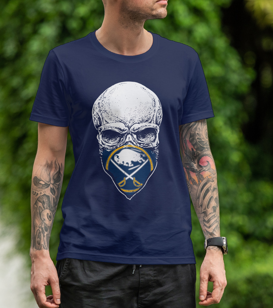 Buffalo Sabres Skull Mask Emblem With Crossed Sabres And Buffalo Silhouette T-Shirt