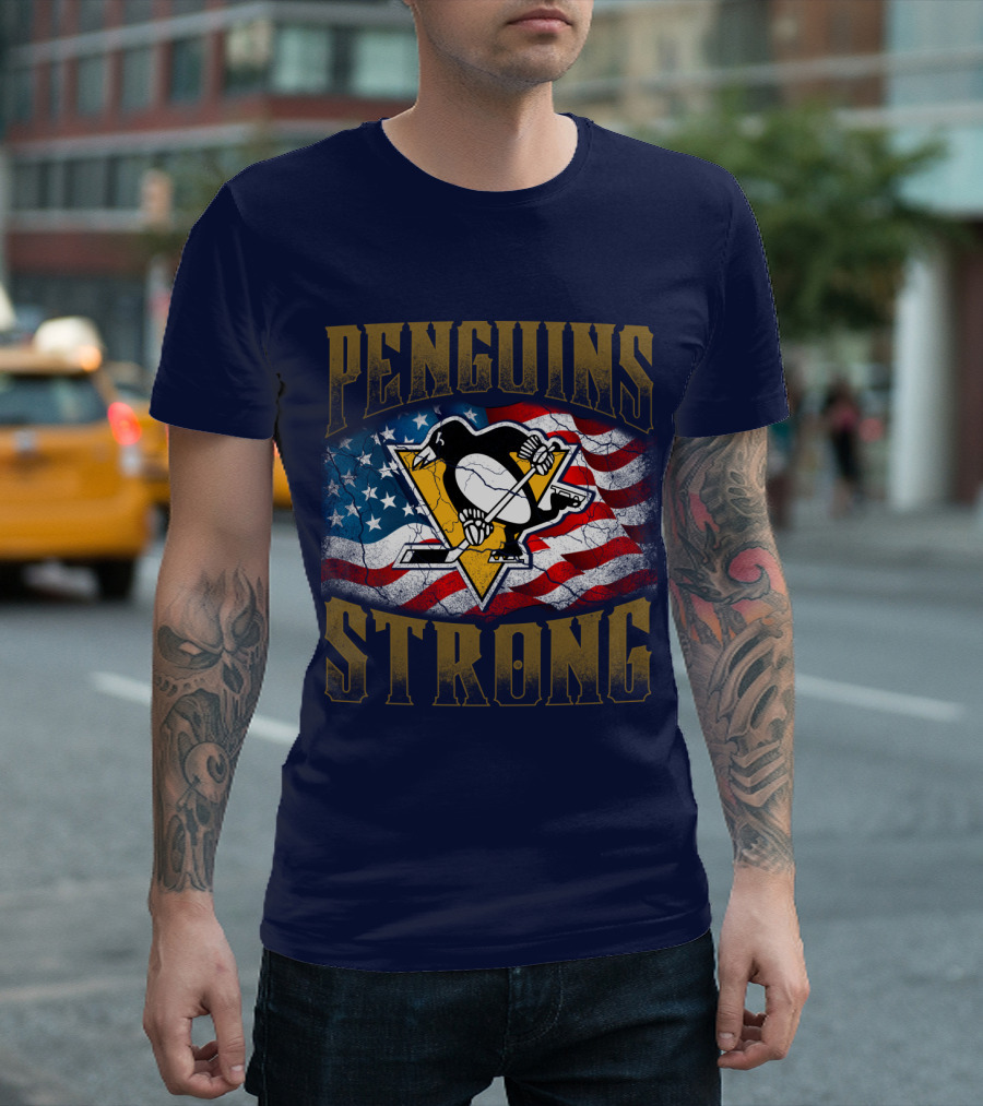 Penguins Strong American Flag Hockey T-Shirt