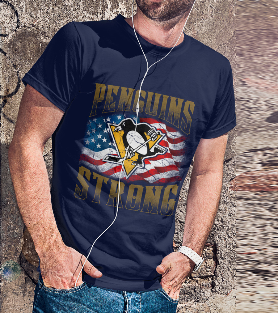 Penguins Strong American Flag Hockey T-Shirt