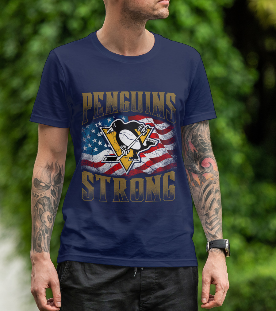Penguins Strong American Flag Hockey T-Shirt