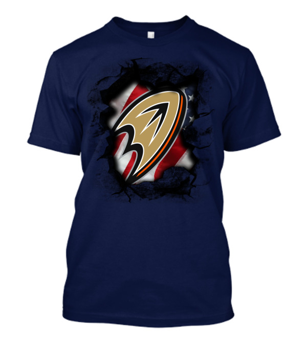 Anaheim Ducks Logo With American Flag Backdrop T-Shirt
