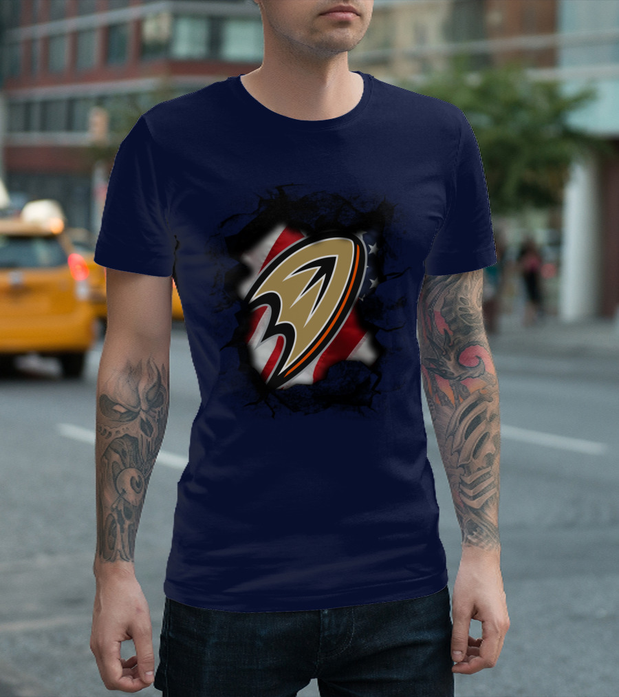 Anaheim Ducks Logo With American Flag Backdrop T-Shirt