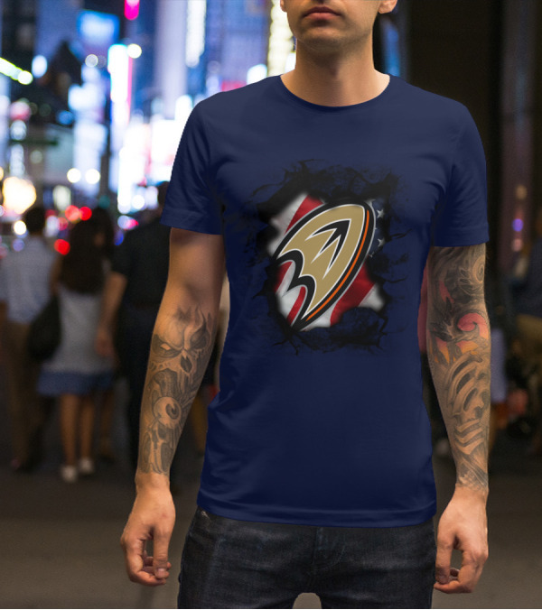 Anaheim Ducks Logo With American Flag Backdrop T-Shirt