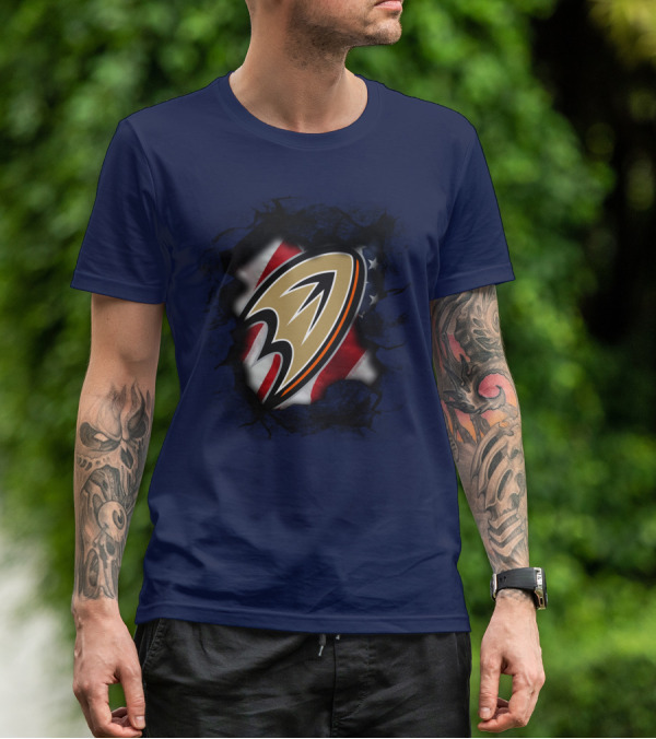 Anaheim Ducks Logo With American Flag Backdrop T-Shirt