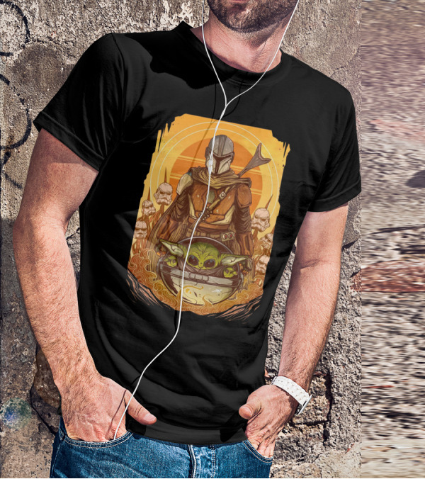 Mandalorian And Baby Yoda With Stormtroopers And Orange Sunset Scene T-Shirt