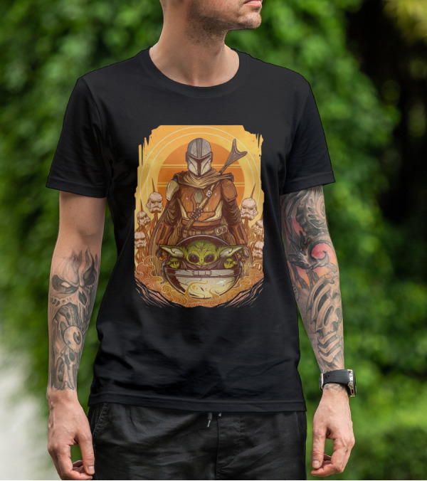 Mandalorian And Baby Yoda With Stormtroopers And Orange Sunset Scene T-Shirt