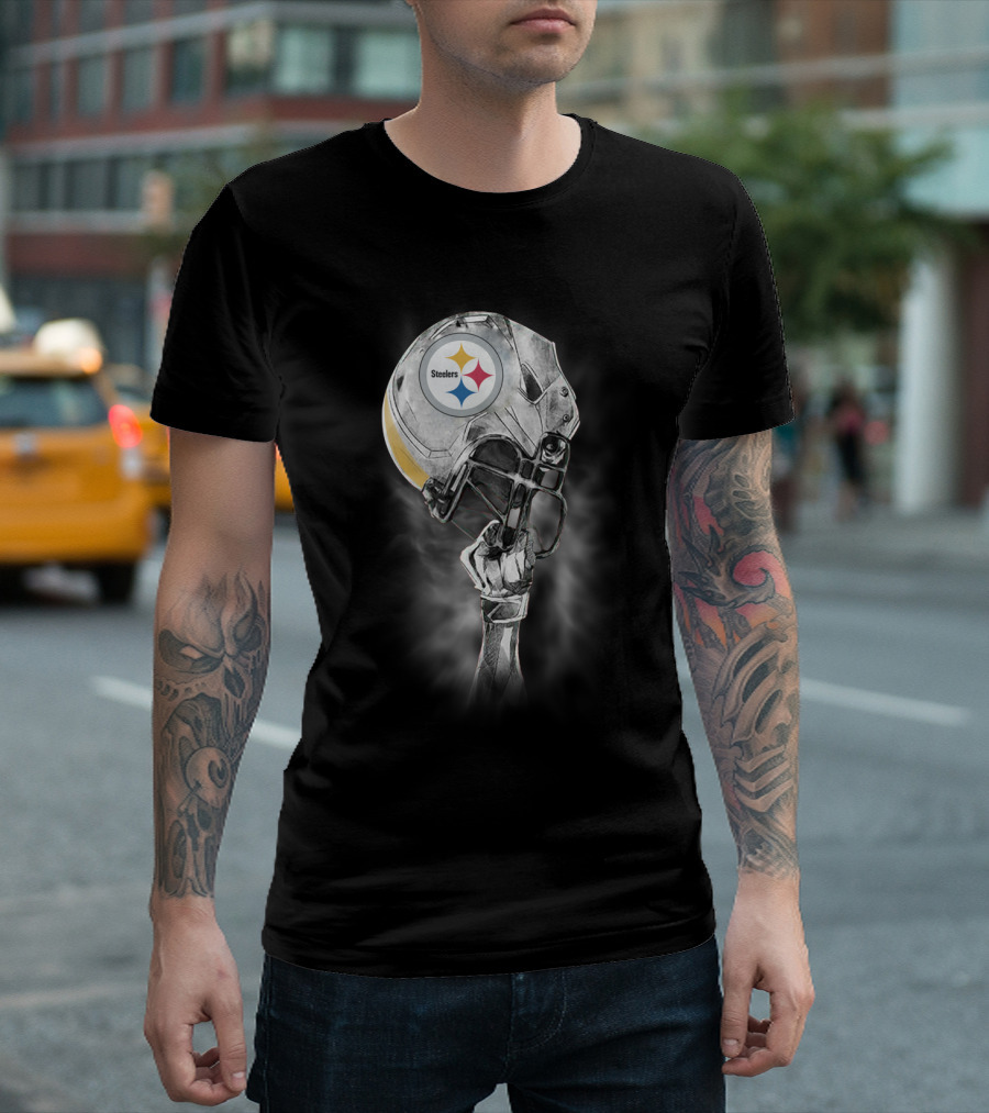 Pittsburgh Steelers Metallic Football Helmet With Steelworker’s Arm Raised High T-Shirt