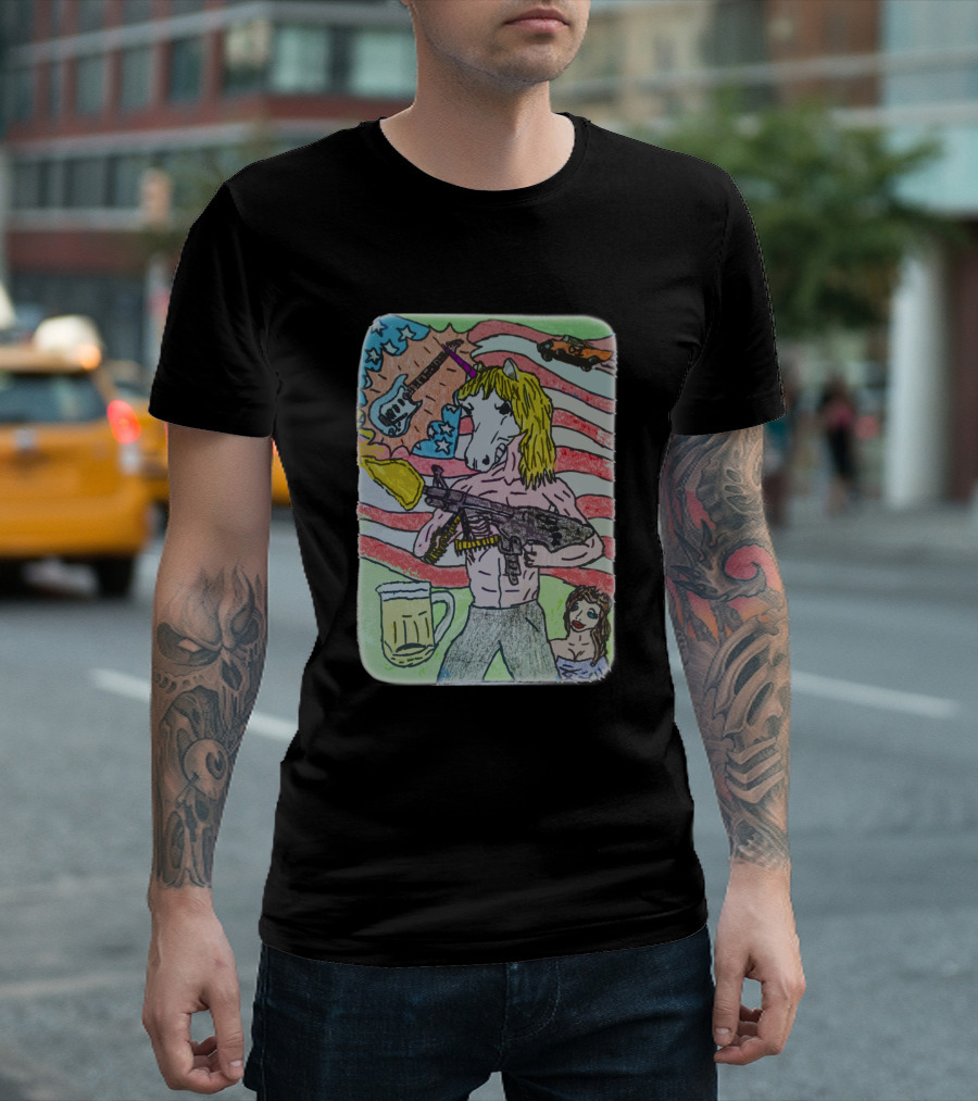 Unicorn Rocker with Guitar and Beer in Hand Against Stars and Stripes with Car T-Shirt