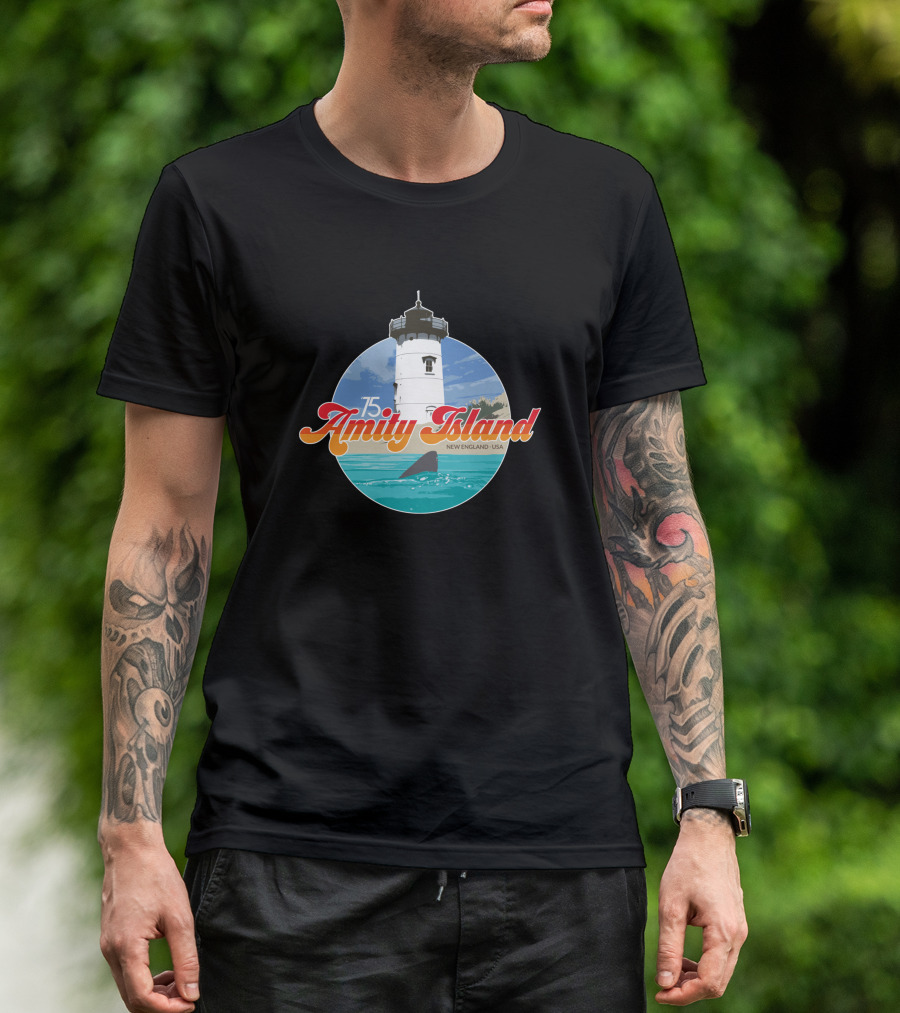 Amity Island 75 New England USA Lighthouse Ocean Scene T-Shirt