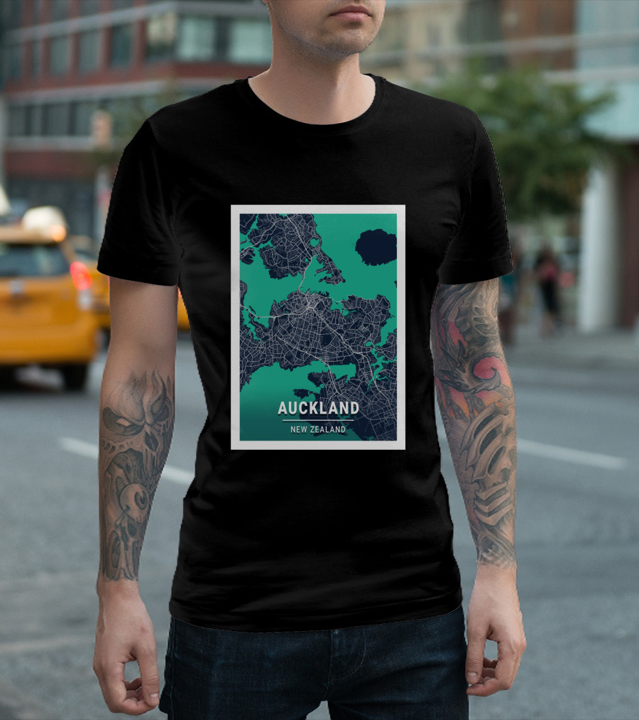 Auckland New Zealand City Map In Blue And Green Outlined T-Shirt