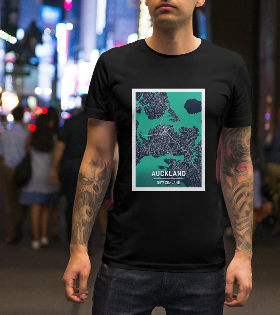 Auckland New Zealand City Map In Blue And Green Outlined T-Shirt