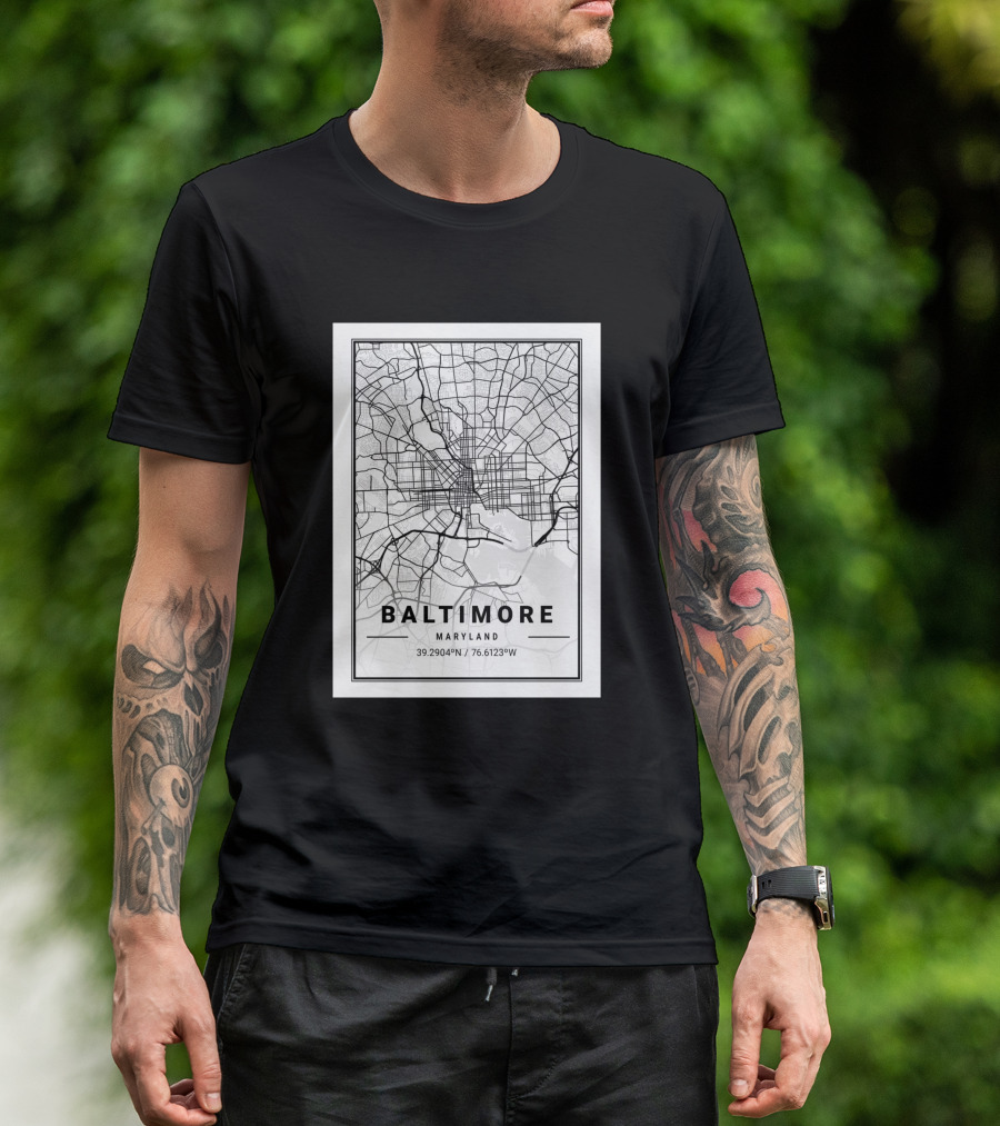 Baltimore Maryland City Map Coordinates 39.2904°N 76.6123°W T-Shirt
