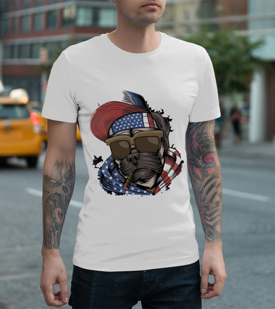Pit Bull Boss American Flag Sunglasses Bandana Cigar Cool Dog T-Shirt