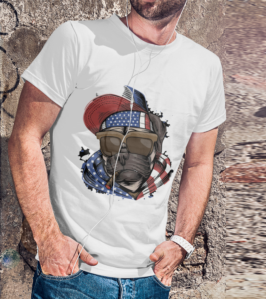Pit Bull Boss American Flag Sunglasses Bandana Cigar Cool Dog T-Shirt
