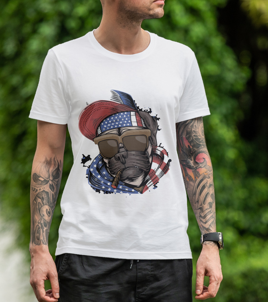 Pit Bull Boss American Flag Sunglasses Bandana Cigar Cool Dog T-Shirt