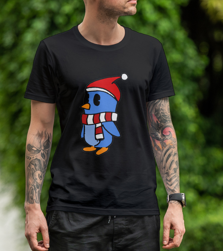Crudely Handdrawn Pengu 763669 In Santa Hat With Red And White Scarf T-Shirt