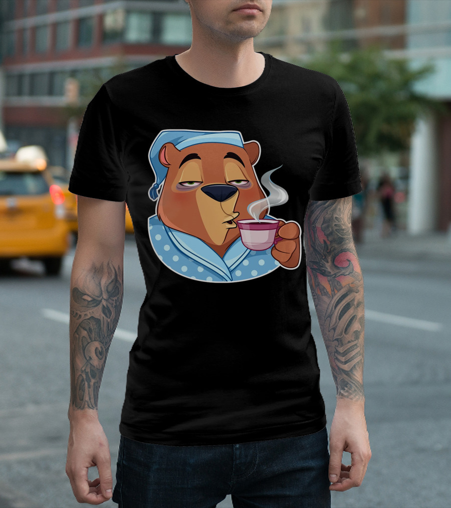 Sleepy Bear In Pajamas Sipping Coffee Relaxed Morning Vibes 'NiceTee' T-Shirt