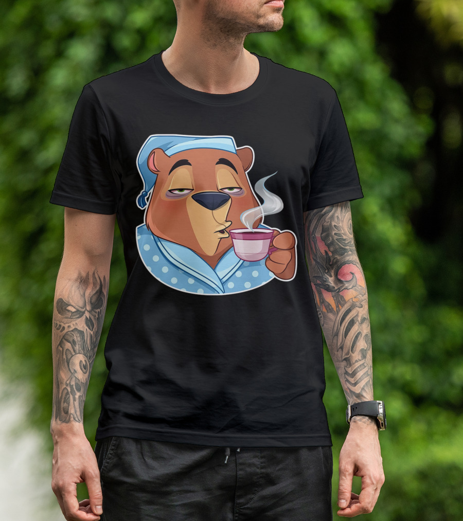 Sleepy Bear In Pajamas Sipping Coffee Relaxed Morning Vibes 'NiceTee' T-Shirt