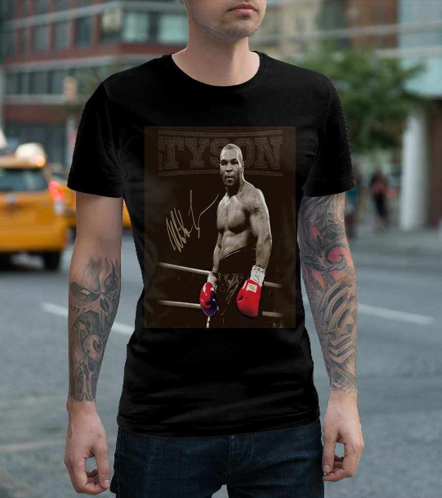 Mike Tyson Signed Boxing Image with Iconic Pose and Red Gloves T-Shirt