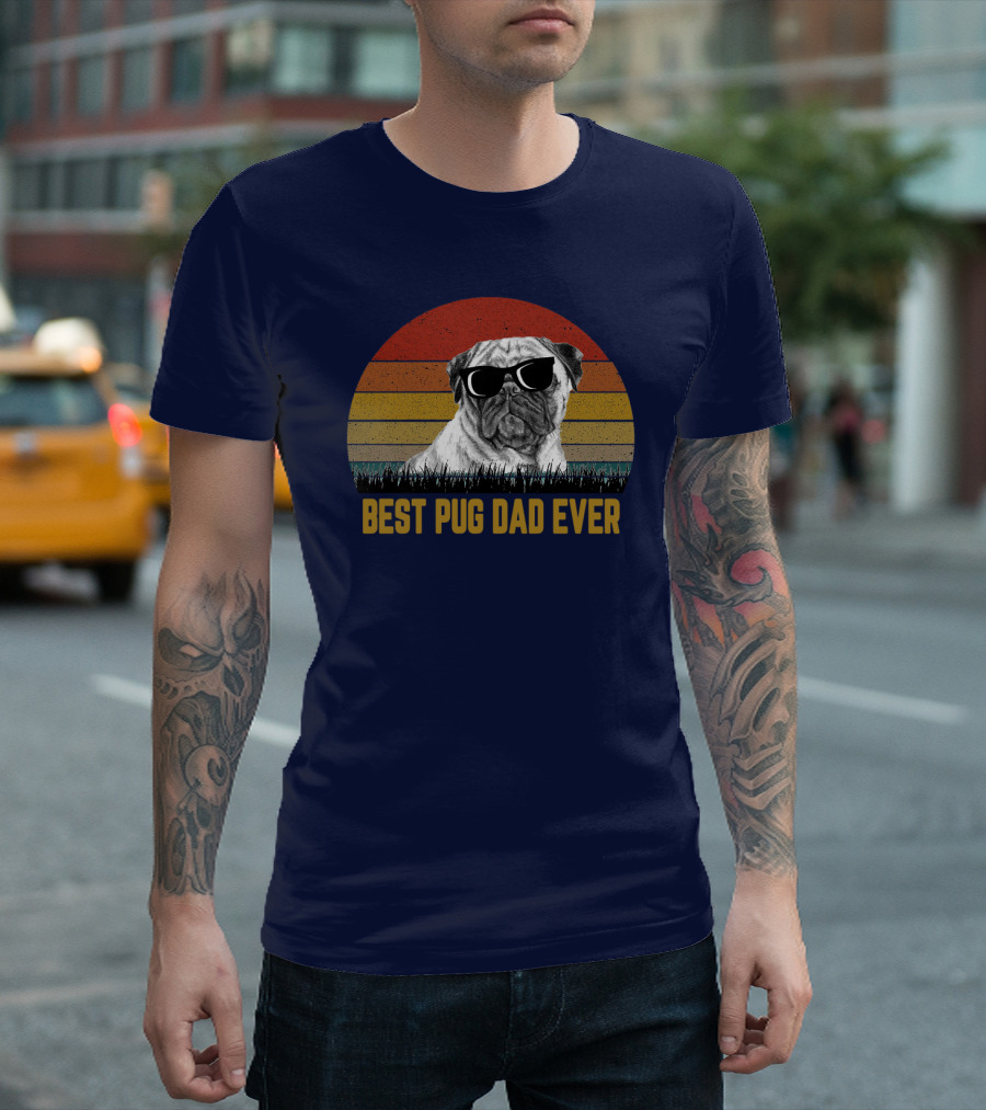 Best Pug Dad Ever Sunglasses Retro Sunset Background T-Shirt