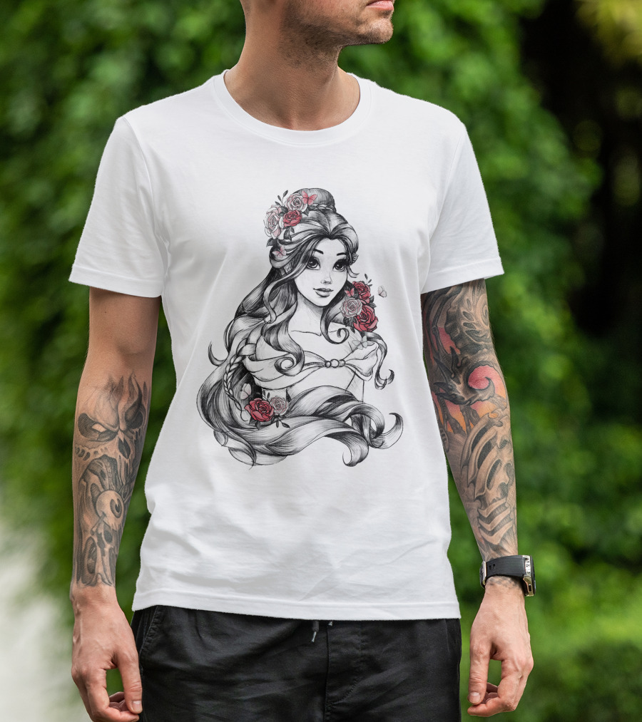 Beast Belle Rose Sketch Floral Hair T-Shirt