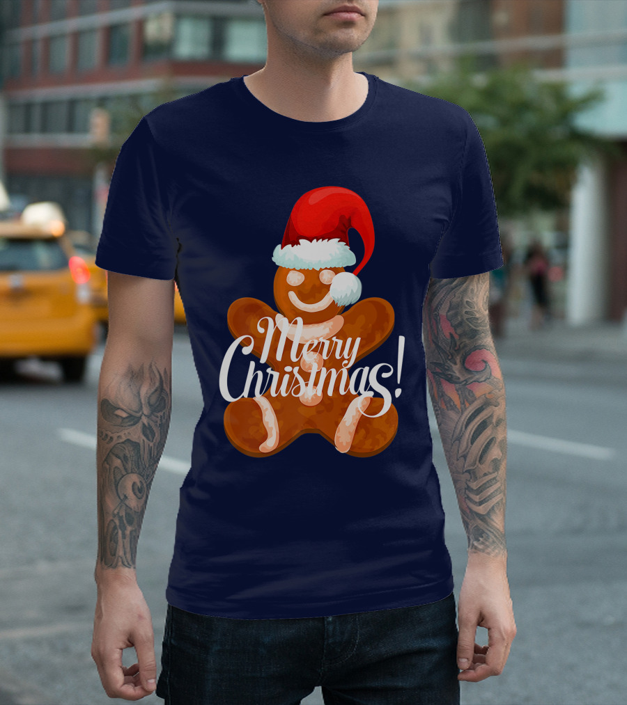Merry Christmas Gingerbread with Santa Hat T-Shirt