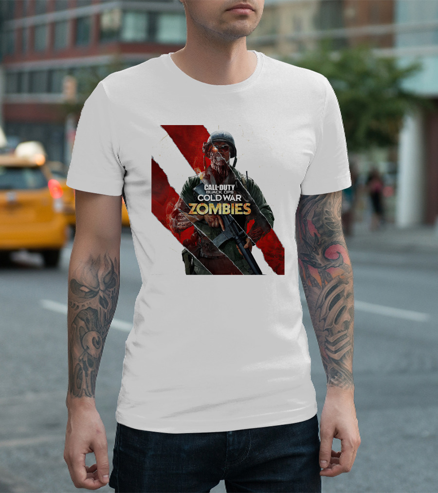 Call of Duty Black Ops Cold War Zombies Soldier with Gun and Red Torn Stripes T-Shirt