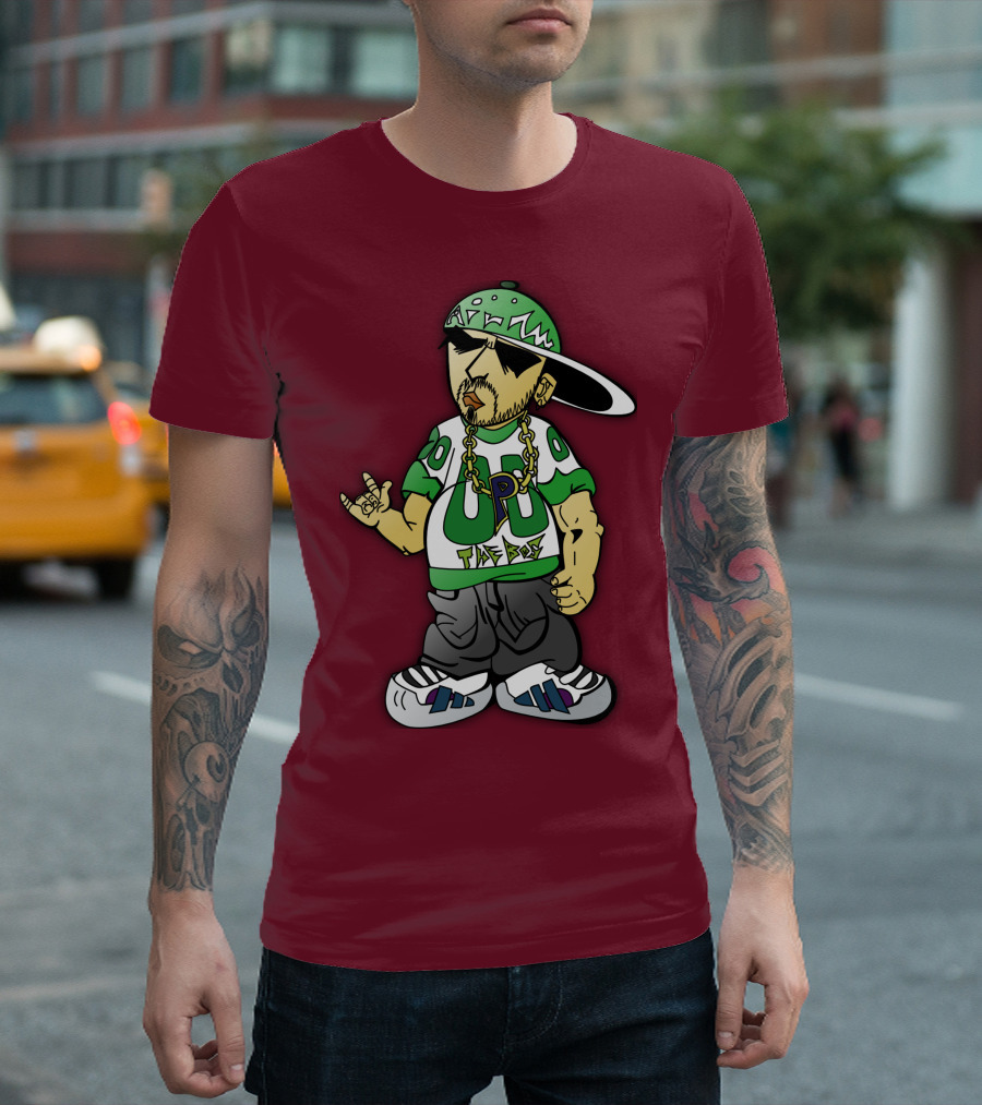 HipHop Cartoon Character With UP The Posse On Green Snapback And Chain T-Shirt