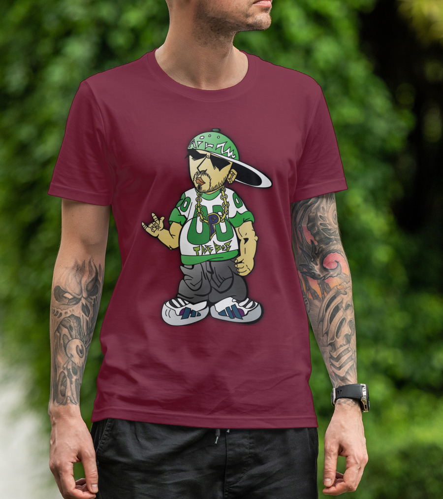 HipHop Cartoon Character With UP The Posse On Green Snapback And Chain T-Shirt