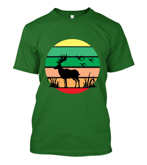 Lonely Reindeer Under The Sunset With Striped Background And Birds T-Shirt
