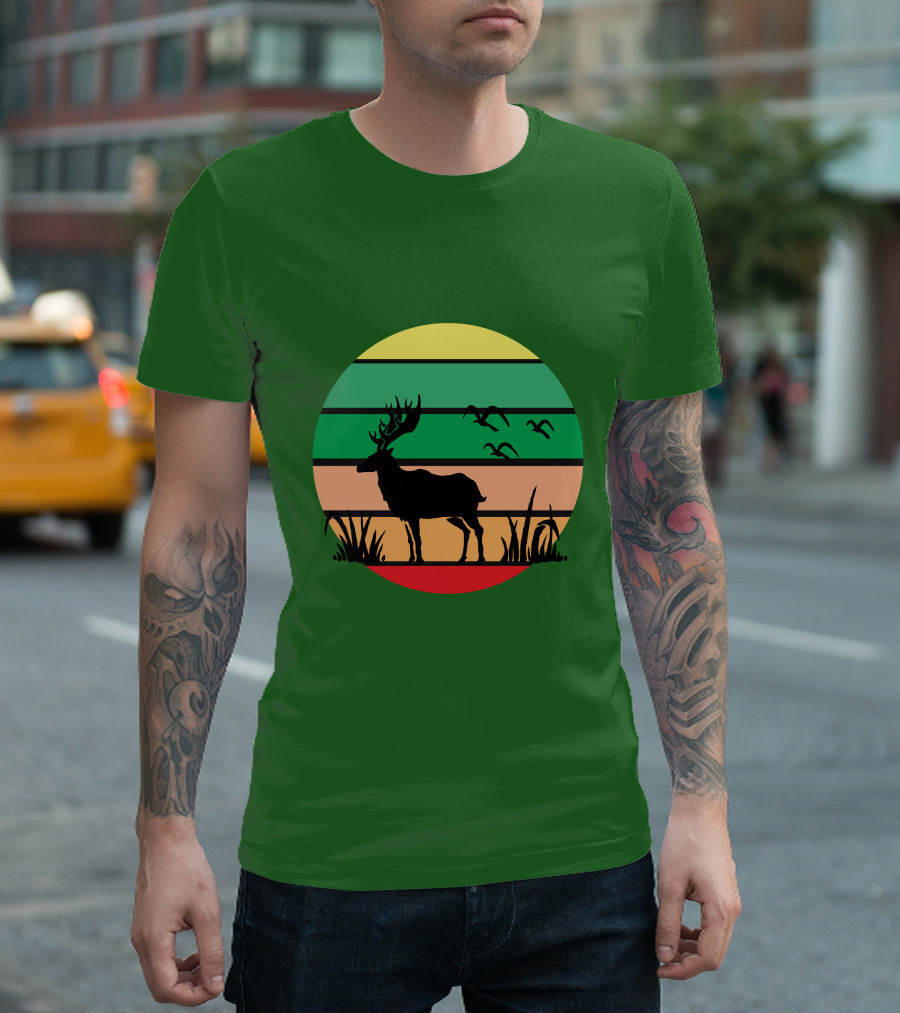 Lonely Reindeer Under The Sunset With Striped Background And Birds T-Shirt