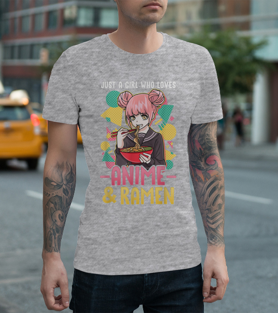 Just A Girl Who Loves Anime and Ramen with Pink-Haired Character Eating Noodles T-Shirt