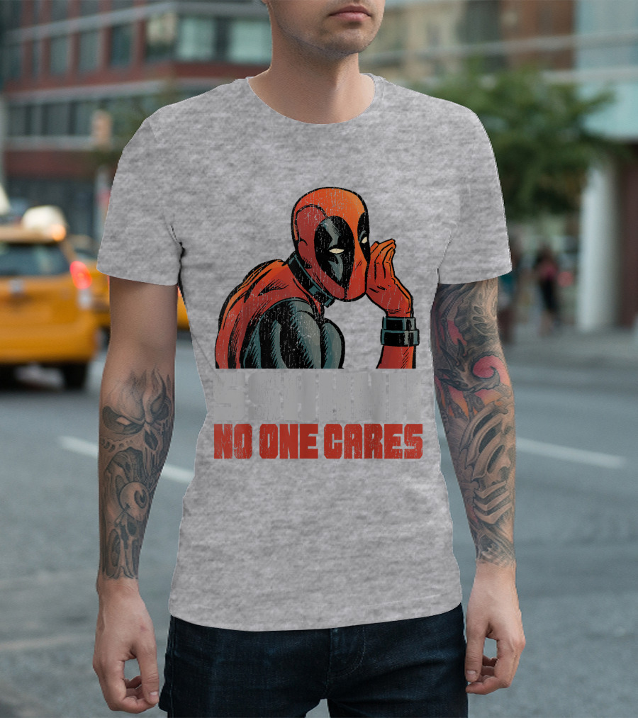 Marvel Deadpool SSHHHH No One Cares Whisper Red And Black Suit Hero T-Shirt