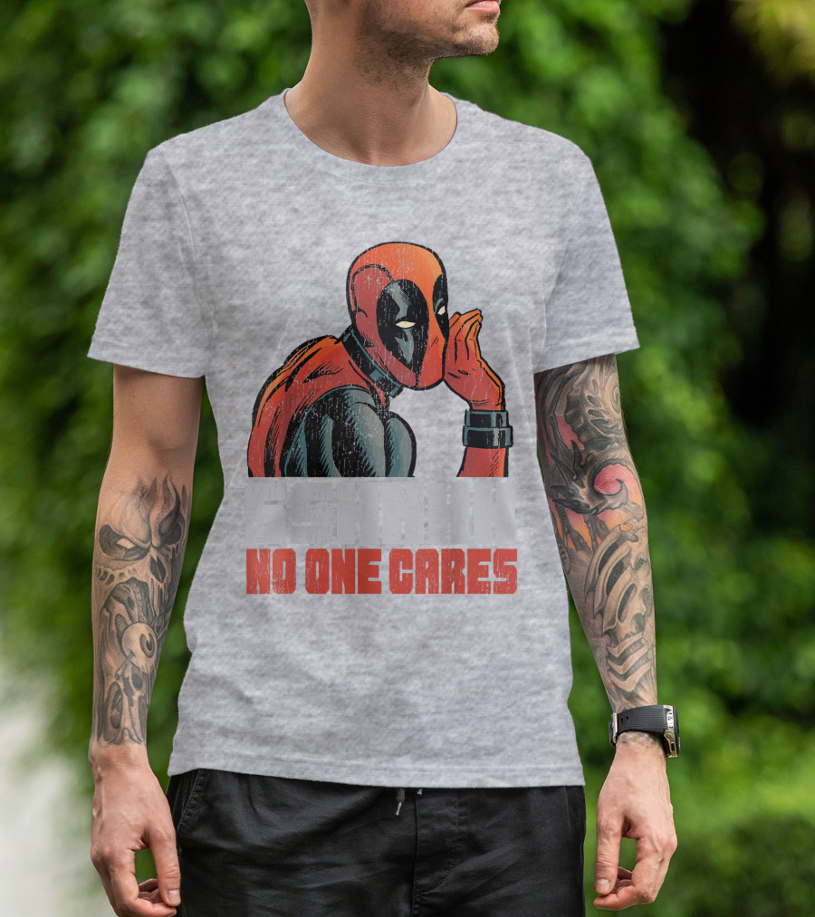 Marvel Deadpool SSHHHH No One Cares Whisper Red And Black Suit Hero T-Shirt