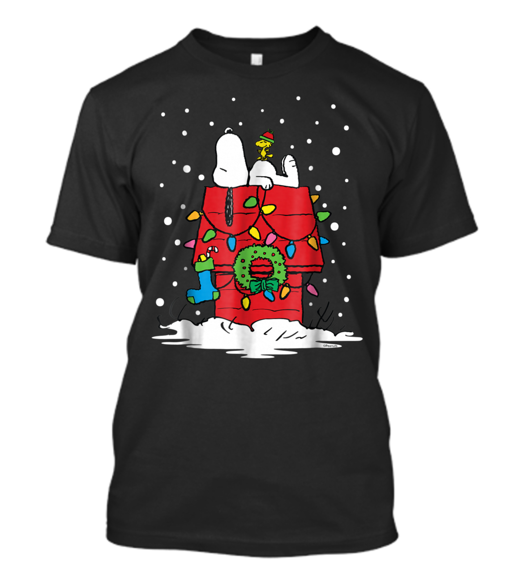 Peanuts Snoopy Woodstock Holiday Lights Doghouse Christmas Snow Scene T-Shirt