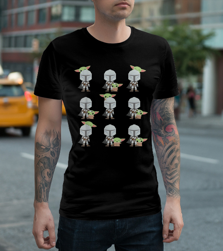 Star Wars The Mandalorian Baby Yoda Expressions Multiple Poses With Helmeted Hero T-Shirt