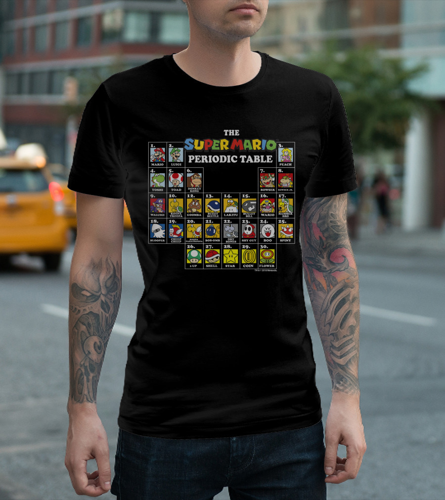 Super Mario Periodic Table Featuring Luigi Peach Yoshi Bowser Toad Donkey Kong And More Iconic Characters T-Shirt