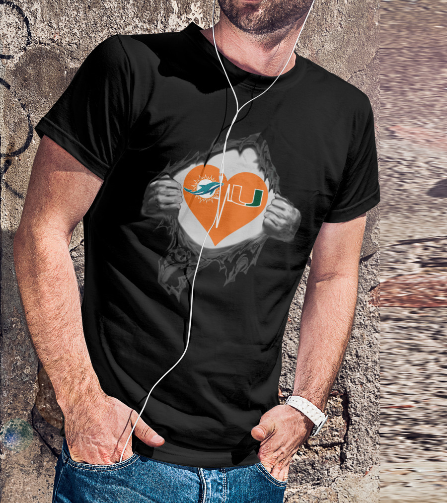 Miami Dolphins And Hurricanes Heartbeat Fan Logo Fusion T-Shirt