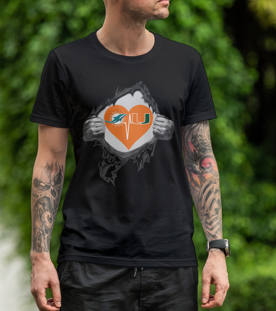 Miami Dolphins And Hurricanes Heartbeat Fan Logo Fusion T-Shirt