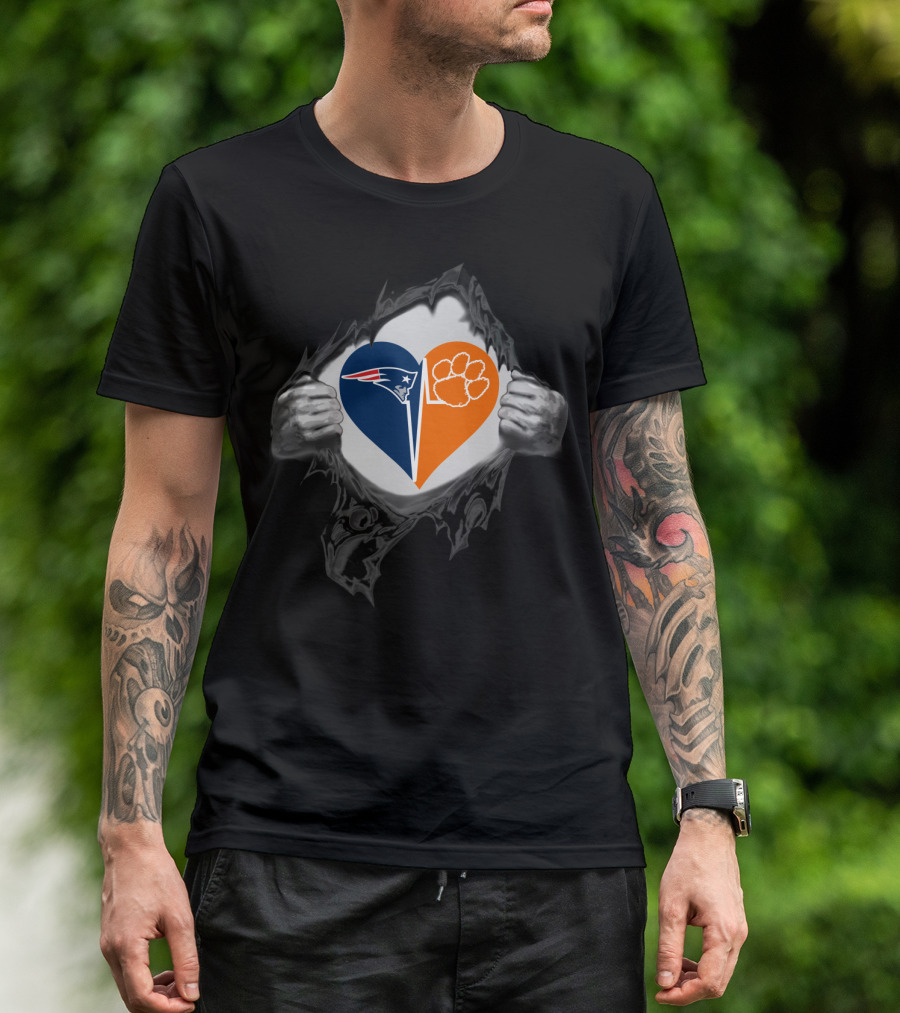 New England Patriots Heart And Clemson Tigers Paw Inside Ripped T-Shirt