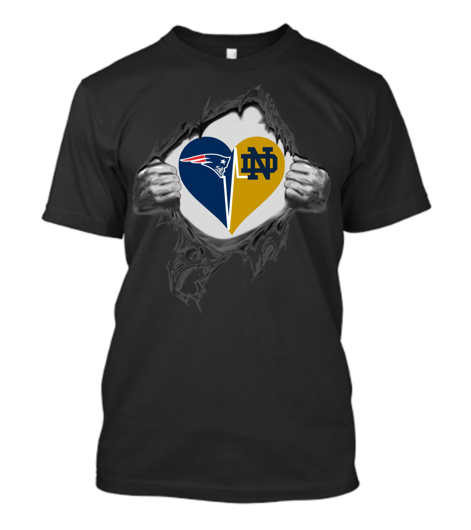 Patriots Notre Dame Fighting Irish Heart Inside Ripped Chest T-Shirt