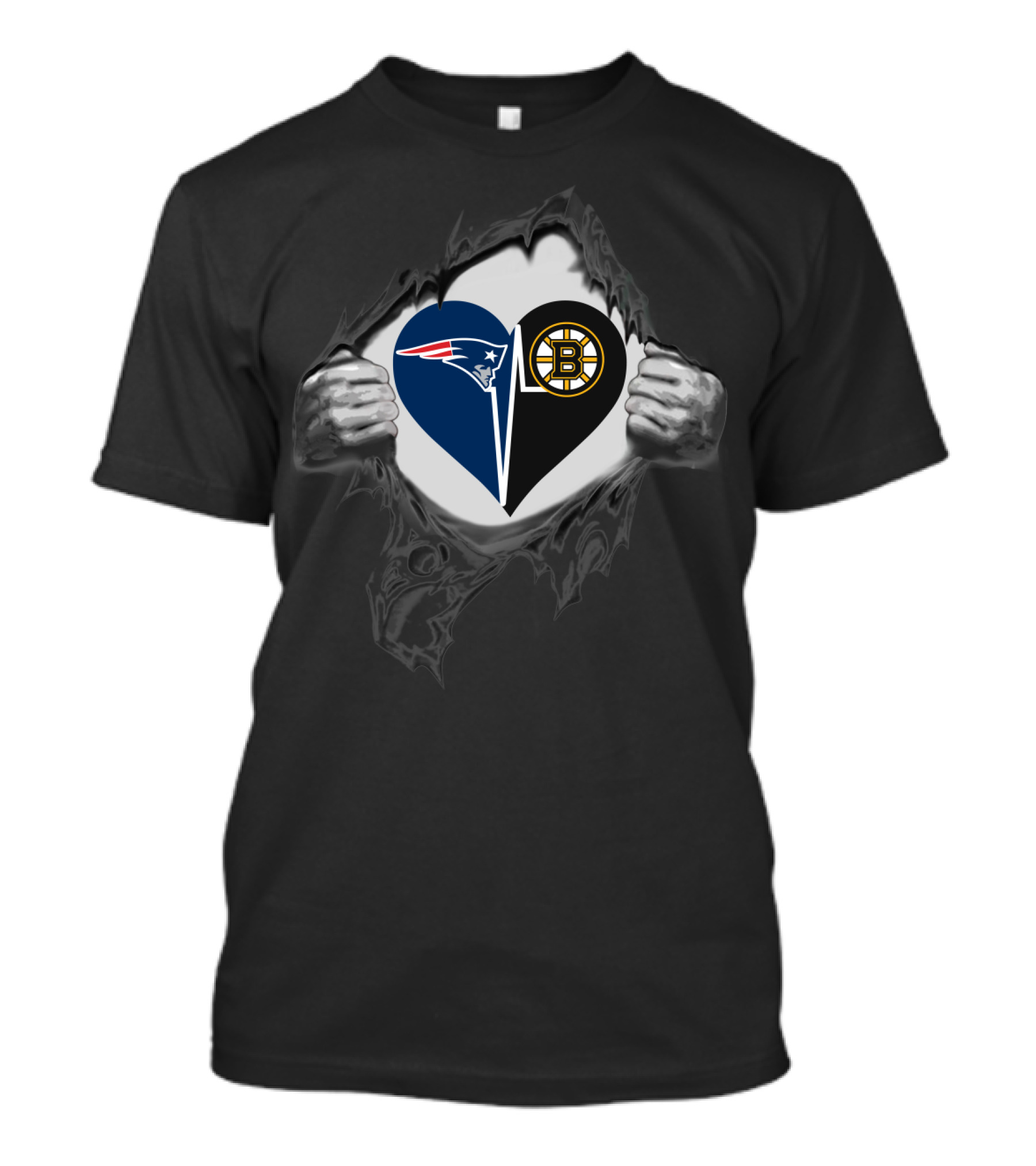 Patriots Bruins Heart Logos Hidden Under Tear T-Shirt