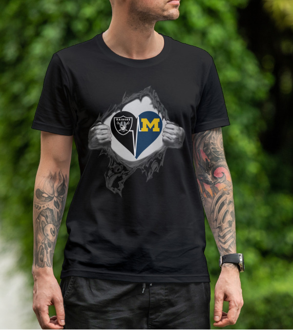 Raiders Heart Split With Michigan Wolverines T-Shirt