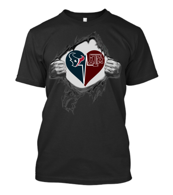 Houston Texans And Texas A&M Aggies Heart Torn Chest T-Shirt