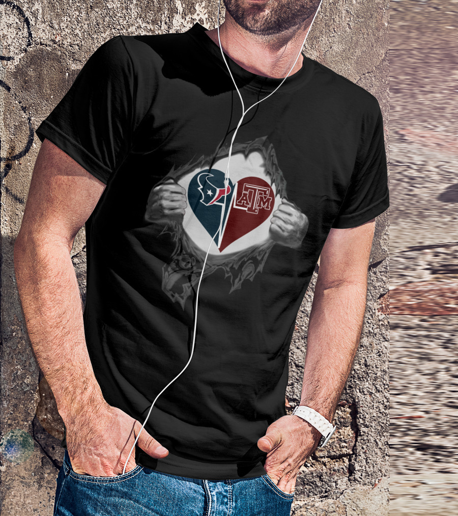 Houston Texans And Texas A&M Aggies Heart Torn Chest T-Shirt