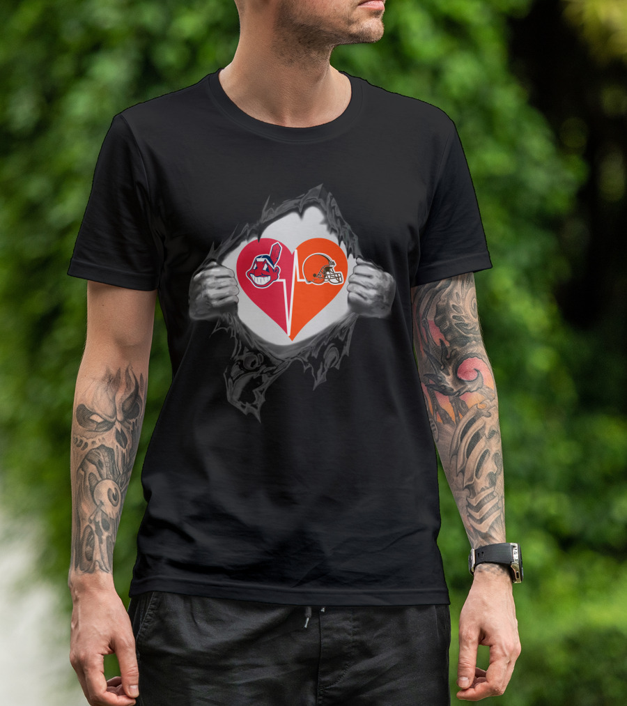 Cleveland Browns Heart With Cleveland Indians Logo Inside Torn Chest T-Shirt